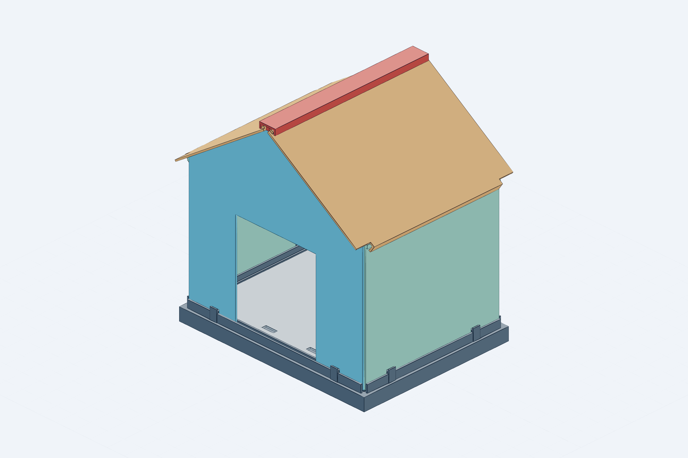 CAD assembly view of the screwless nine-piece cat house