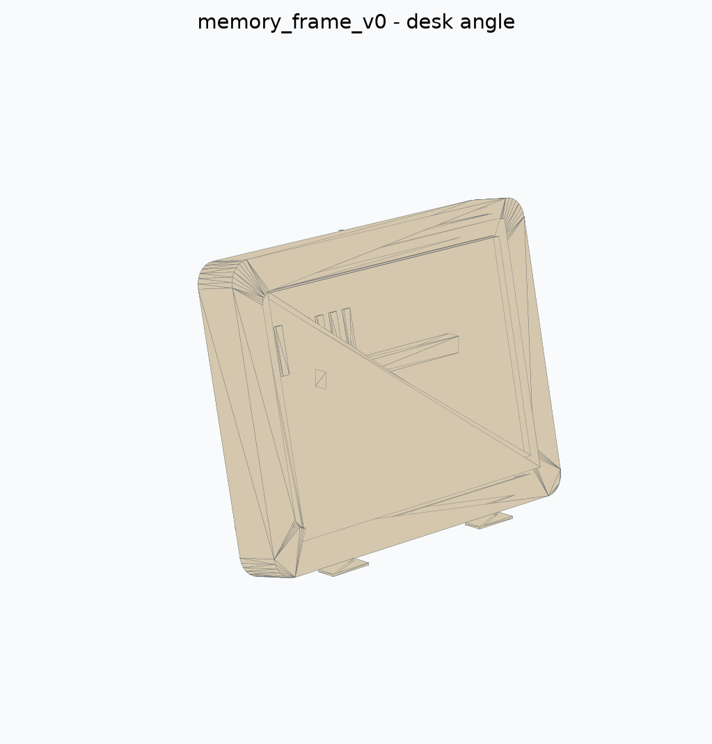 Rear desk-angle CAD render of the memory frame enclosure